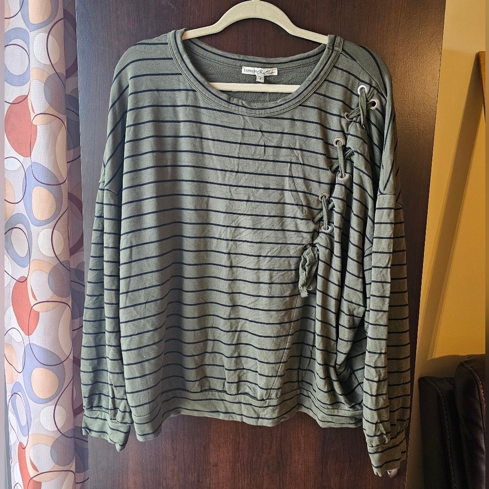Express Olive Green Striped Top With Front Tie Accent